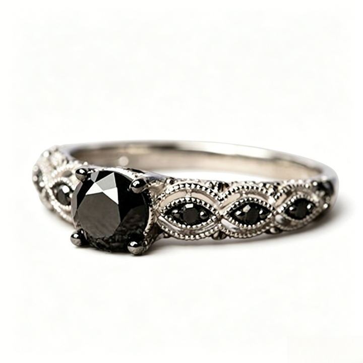 Vintage Filigree Black Diamond 4-Prong Ring, Dark Gothic Antique Silver Band