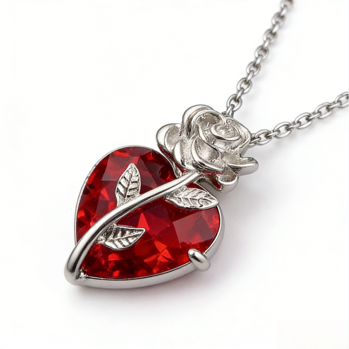 Rose-Wrapped Red Heart Diamond Necklace (2 Colors Dark/Romantic Style Pendant)
