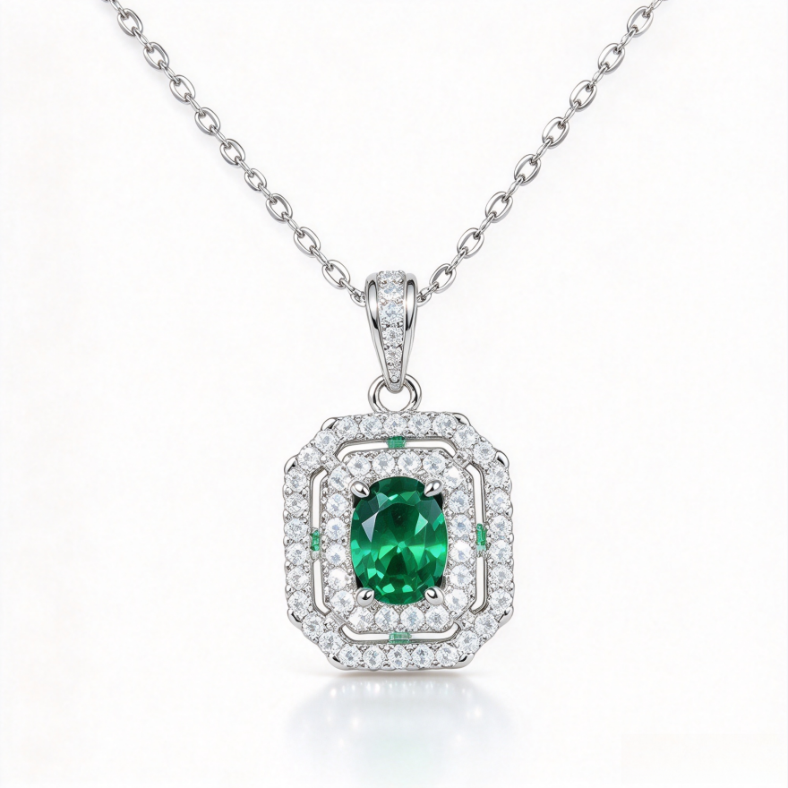Octagonal Double Halo Gemstone Necklace