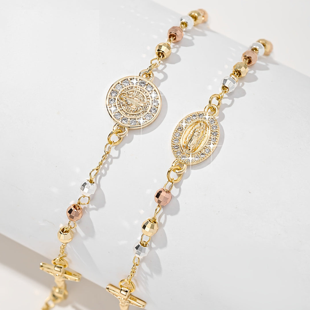 Tri-Color Faceted Bead Virgin Mary Cross Bracelet, Religious Diamond Saint Medal Jewelry, Gold Plated Rosary Bracelet for Women