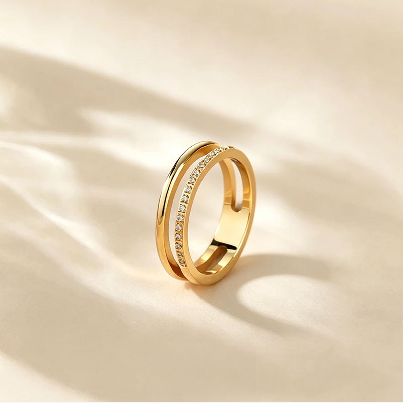 Double Intertwined Half Pave Thin Ring, 3 Colors Dainty Stacking Band For Women