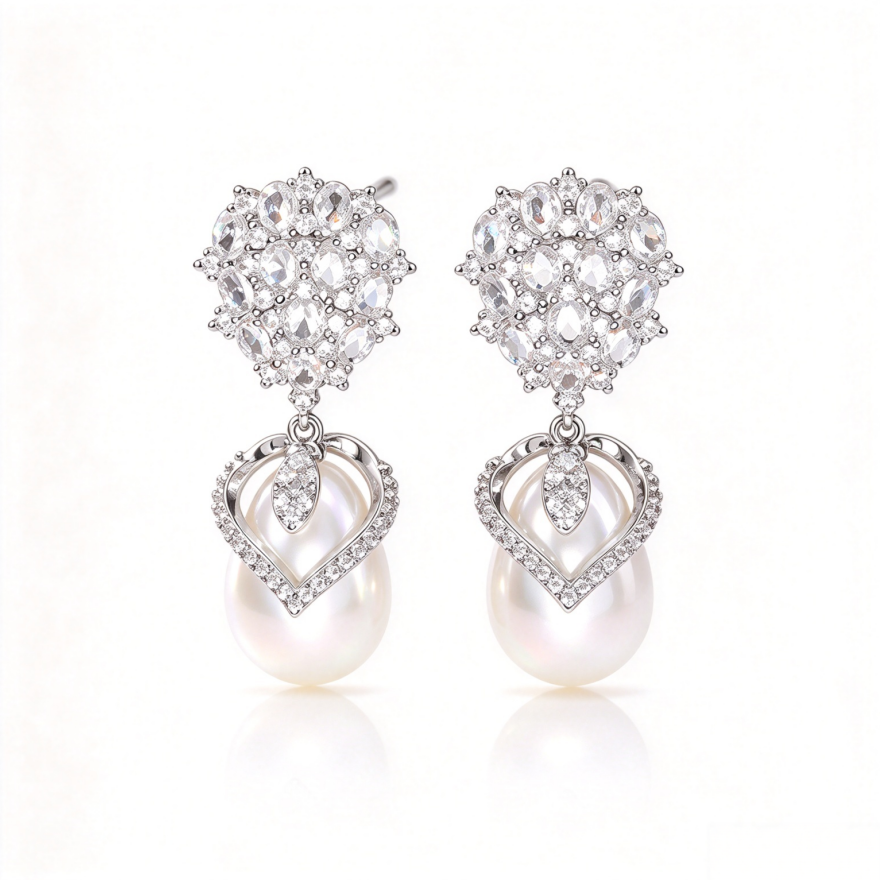 Double Layer Diamond Teardrop Pearl Drop Earrings, Vintage Glam Banquet Long Pearl Earrings, Silver & Gold Two Tones Available