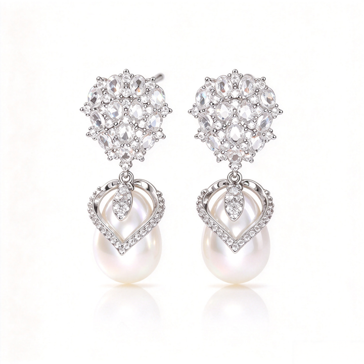 Double Layer Diamond Teardrop Pearl Drop Earrings, Vintage Glam Banquet Long Pearl Earrings, Silver & Gold Two Tones Available
