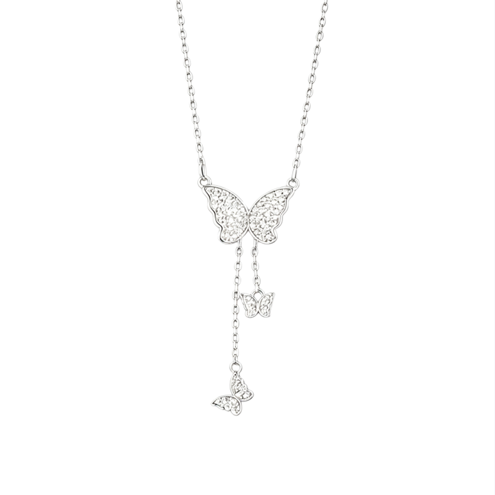Pavé Triple Butterfly Tassel Necklace, Multi-Size Butterfly Drop Collarbone Chain, Gold & Silver Options