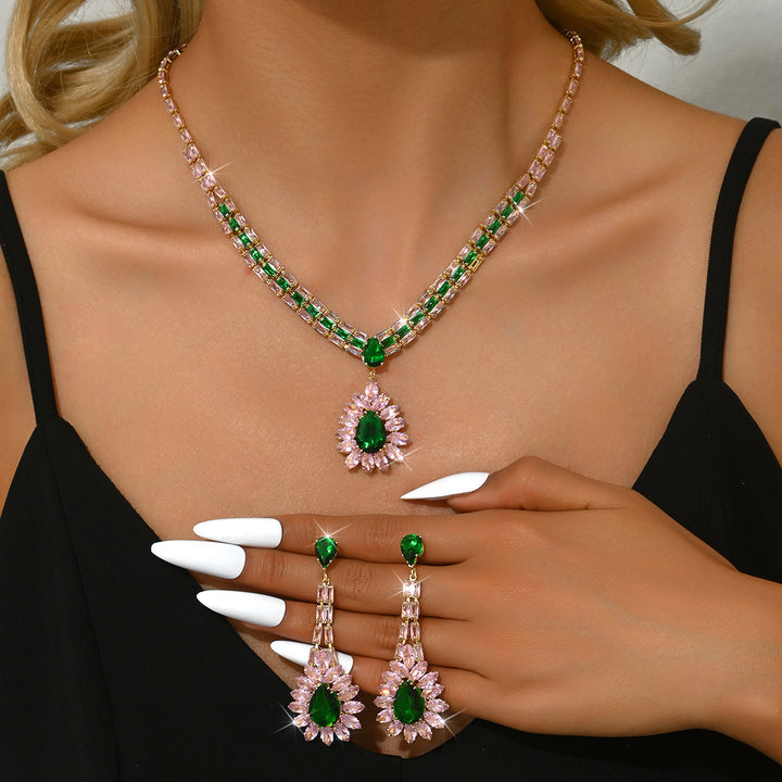 S925 Silver Pink & Green Diamond Necklace and Earring Set, Luxury V-shaped Colored Diamond Jewelry 2-Piece Set for Banquet