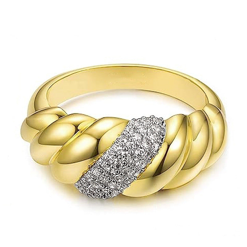 Twist Cable Half Pave Diamond Ring, Gold Silver Vintage Braided Wide Band For Women