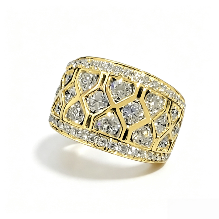 S925 Silver Grid Hollow Full‑Paved Wide Ring, Hip‑Hop Multi‑Stone Paved Men Band
