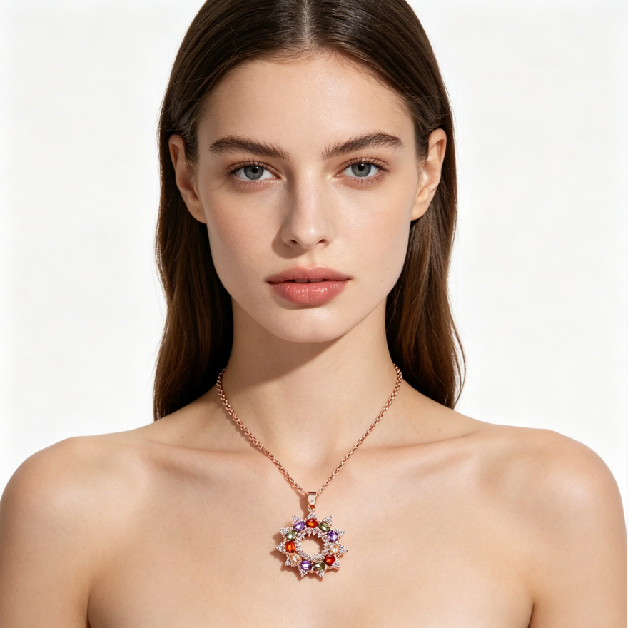 Multi-Color Gem Wreath Snowflake Rose Gold Pendant Necklace