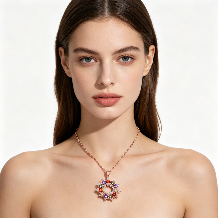 Multi-Color Gem Wreath Snowflake Rose Gold Pendant Necklace