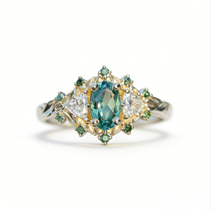 Two-Tone Gold Teal Diamond Forest-Style Ring (Vintage Luxury Engagement Band)