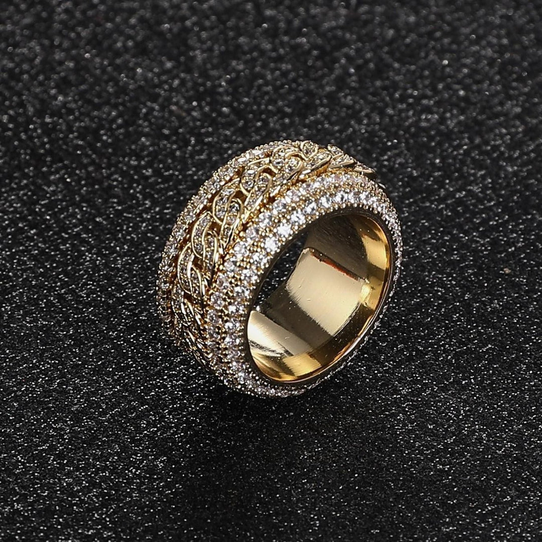 Rotatable Wide Band Ring with Twisted Chain Center & Side Paved Diamonds, Heavy Hip Hop Titanium Steel Spinner Ring Gold Silver Unisex Jewelry