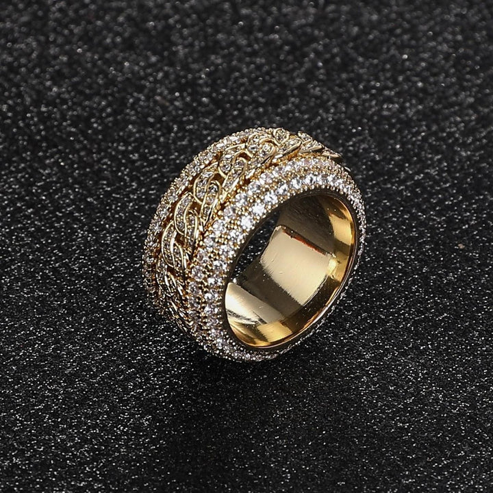 Rotatable Wide Band Ring with Twisted Chain Center & Side Paved Diamonds, Heavy Hip Hop Titanium Steel Spinner Ring Gold Silver Unisex Jewelry