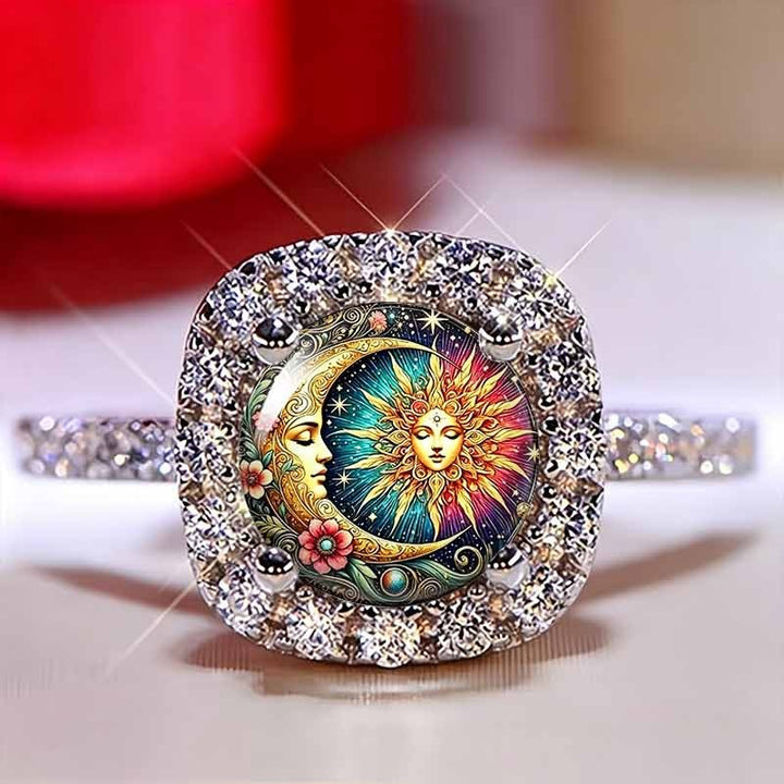 Sun & Moon Face Printed Square Halo Ring