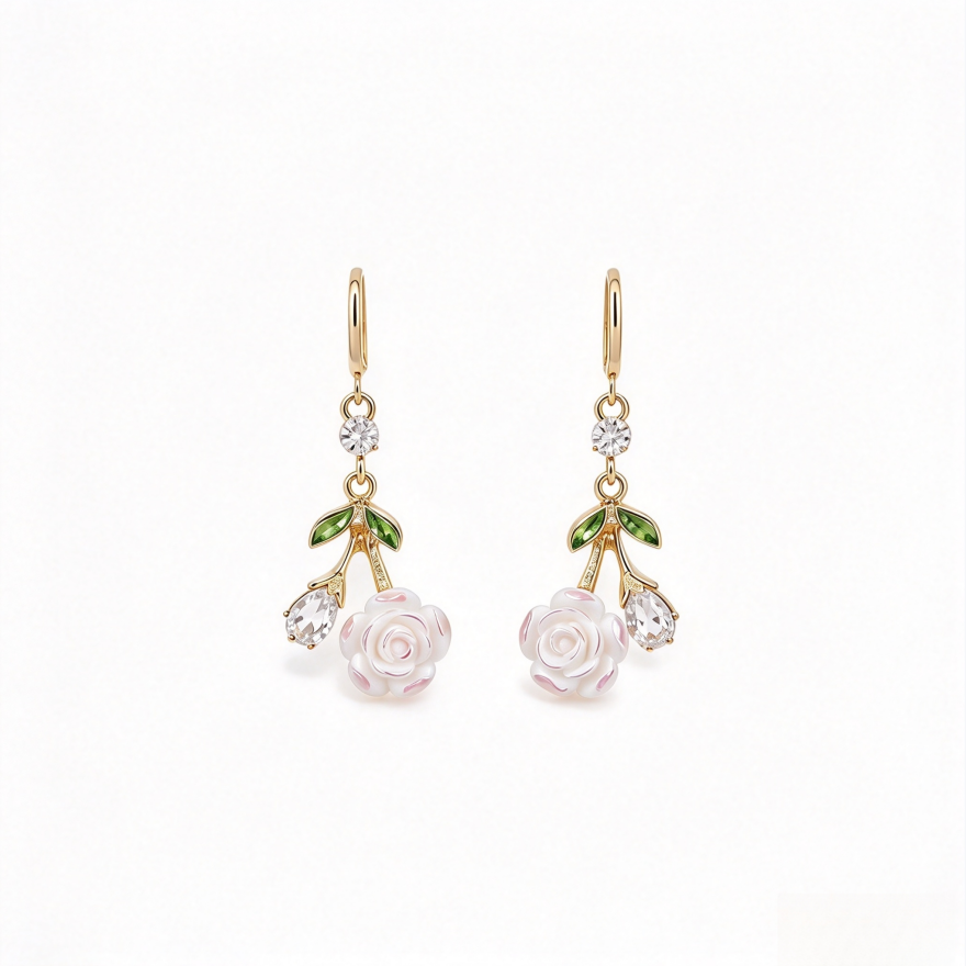 White Rose Branch Drop Leverback Earrings