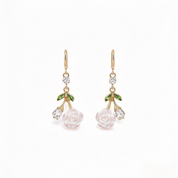 White Rose Branch Drop Leverback Earrings