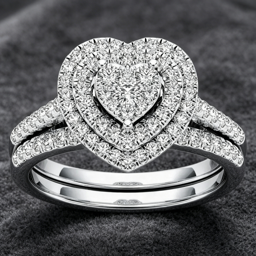 Double Layer Heart Full diamond Stackable Ring Set (Delicate Luxury Engagement Band)