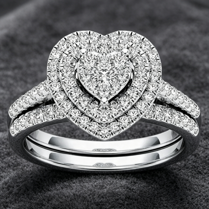 Double Layer Heart Full diamond Stackable Ring Set (Delicate Luxury Engagement Band)
