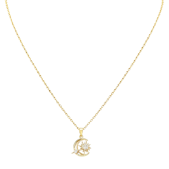 Sun‑Moon Star Diamond Pendant Necklace, Gold & Silver Two‑Color Options