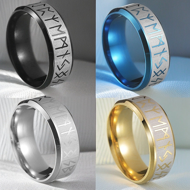Viking Rune Two-Tone Matte Ring, S925 Silver Minimalist Unisex Couple Band, 4 Colors Gold/Silver/Black/Blue