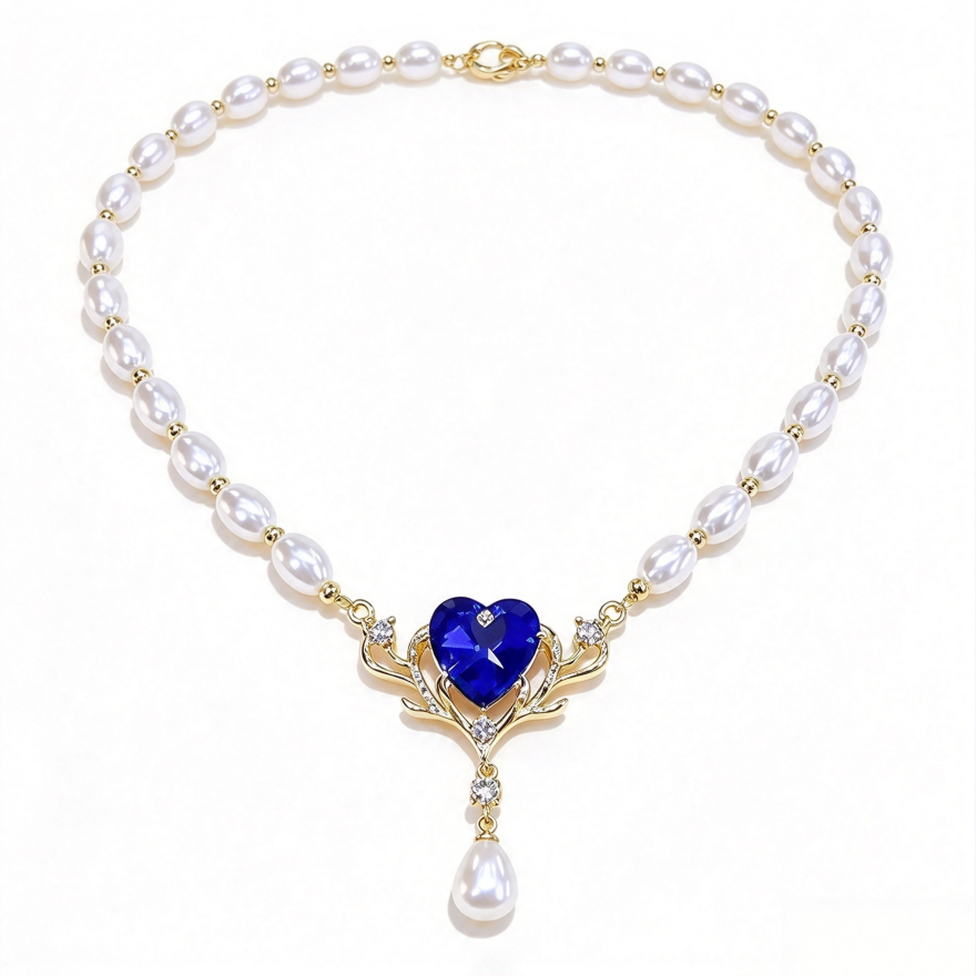 Vintage Pearl Necklace With Blue Heart Stone S925 Silver Gold‑Plated