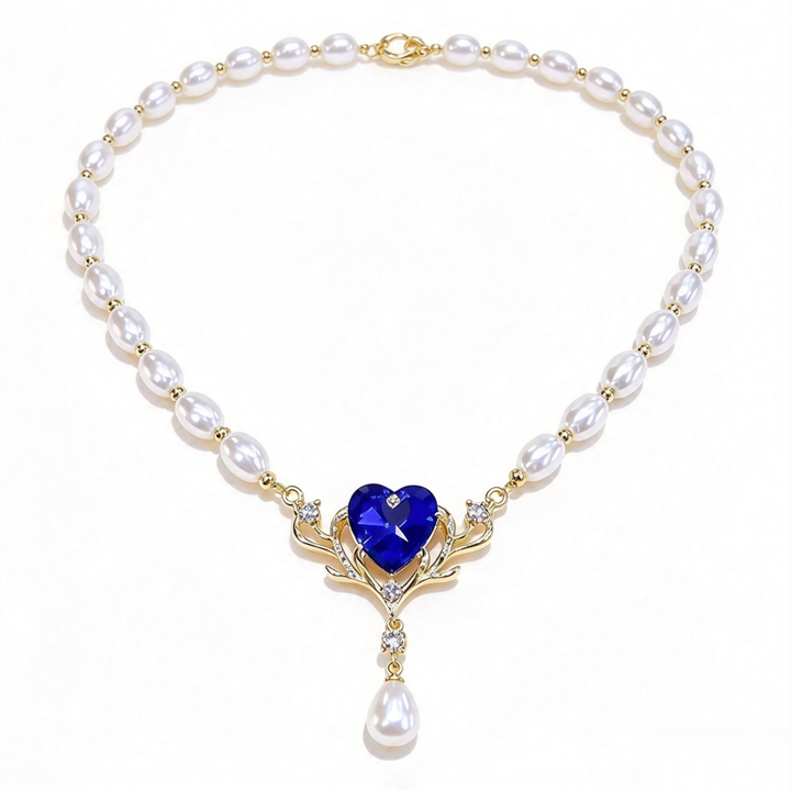 Vintage Pearl Necklace With Blue Heart Stone S925 Silver Gold‑Plated
