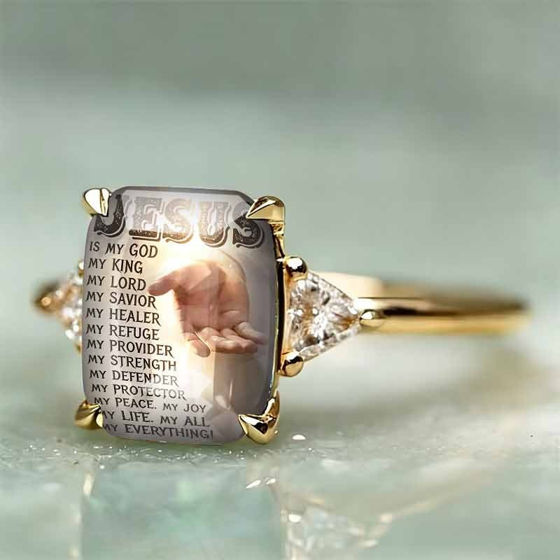 S925 Silver Faith‑Themed Printed Square Stone Ring, Two‑Tone Option Heart‑Accent Religious Ring for Women