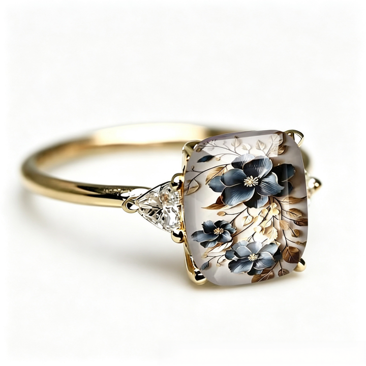 Rectangle‑Shape Blue Floral Printed Ring, Two‑Tone Options