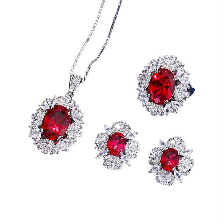 Luxury Ruby Jewelry Set with Halo (Necklace, Ring, Earrings)