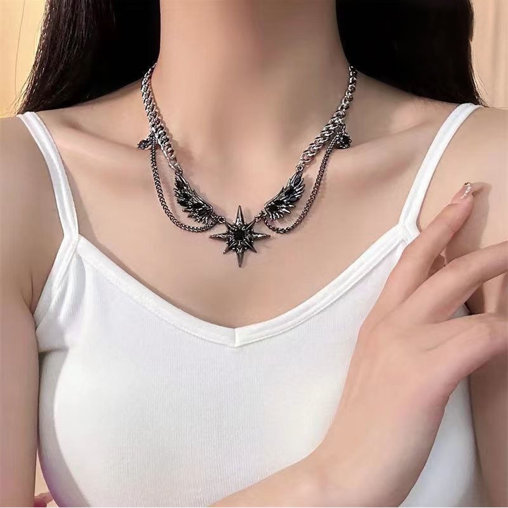 Vintage Wing Star Layered Spliced Necklace, Cool Wing Diamond Unisex Statement Choker