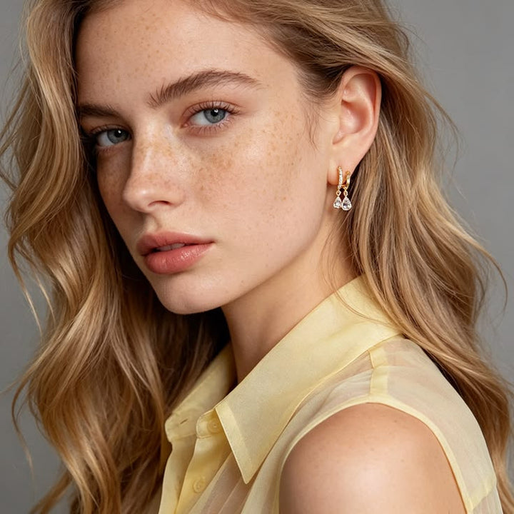 Double Teardrop Drop Diamond Hoop Earrings, Gold & Silver Luxury Paved Dangle Hoops