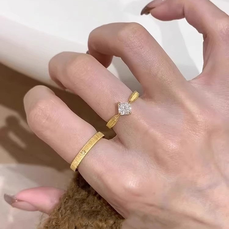 Vintage Princess Cut Wheat Ring Set, S925 Silver Brushed Star Band Two-Piece Rings, Gold & Silver Tone