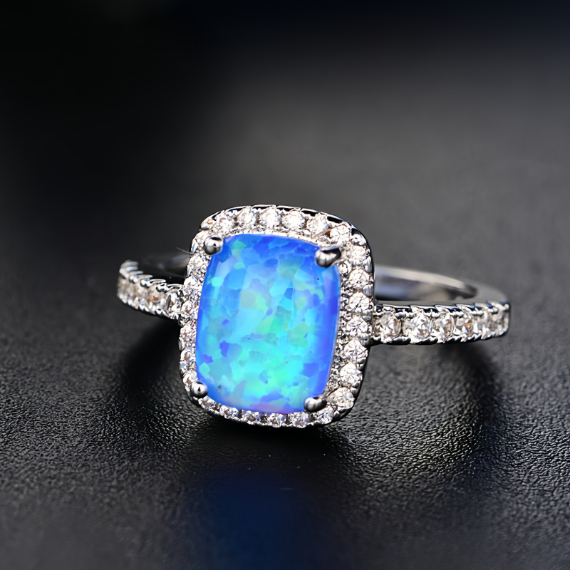 Opal Halo Square Sugar Ring (Light Luxury Niche Iridescent Band)