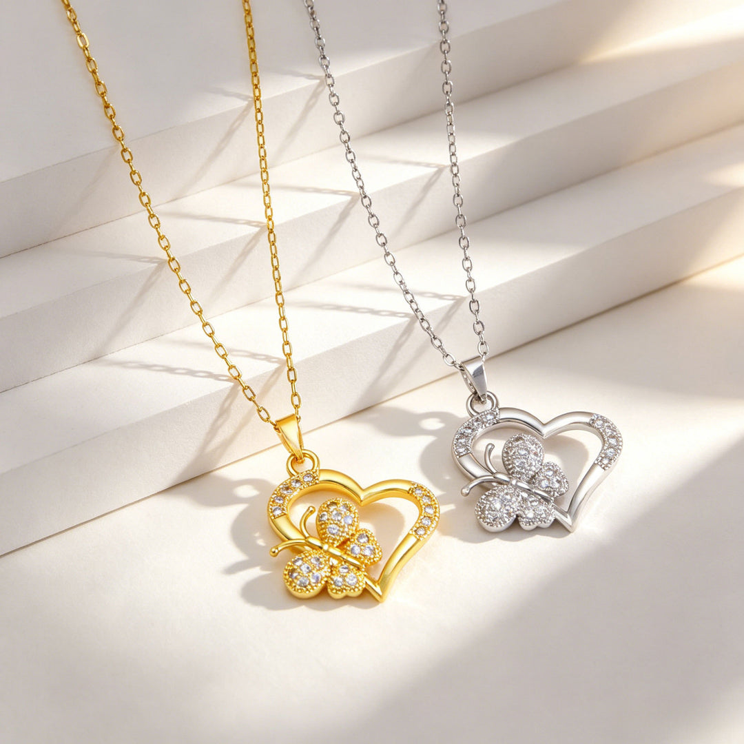 Heart & Butterfly Diamond Necklace, Gold & Silver Two-Tone Hollow Choker