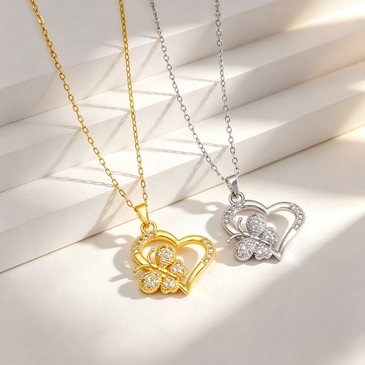 Heart & Butterfly Diamond Necklace, Gold & Silver Two-Tone Hollow Choker