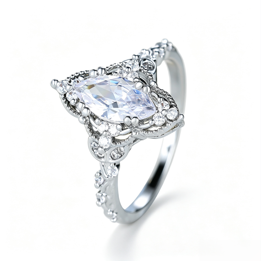 S925 Silver Vintage Marquise Diamond Ring, Ornate Hollow Carved Engagement Women’s Band