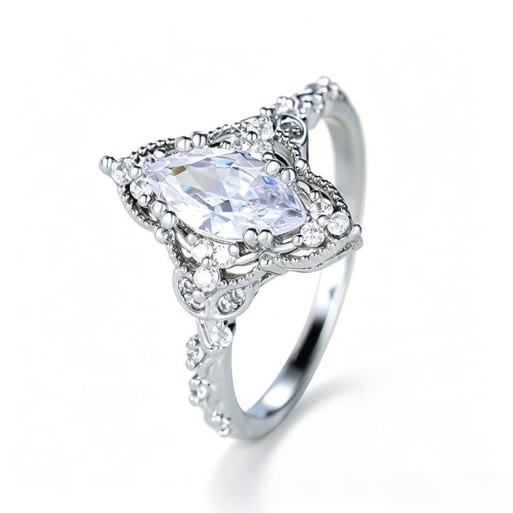 S925 Silver Vintage Marquise Diamond Ring, Ornate Hollow Carved Engagement Women’s Band