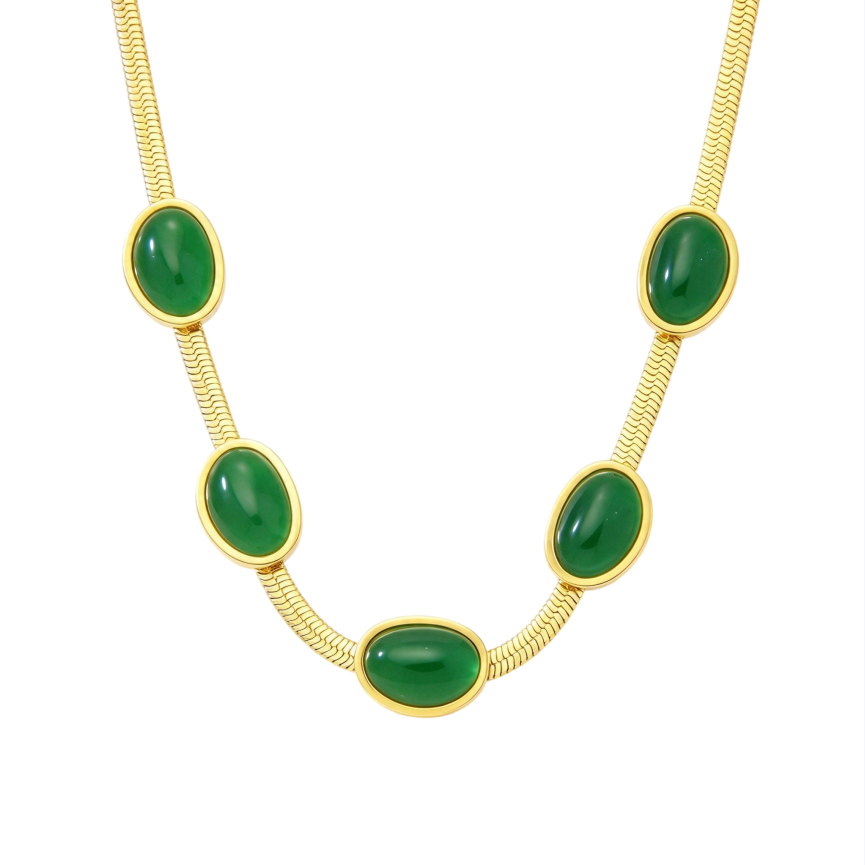 Vintage Oval Green Gemstone Snake Bone Necklace