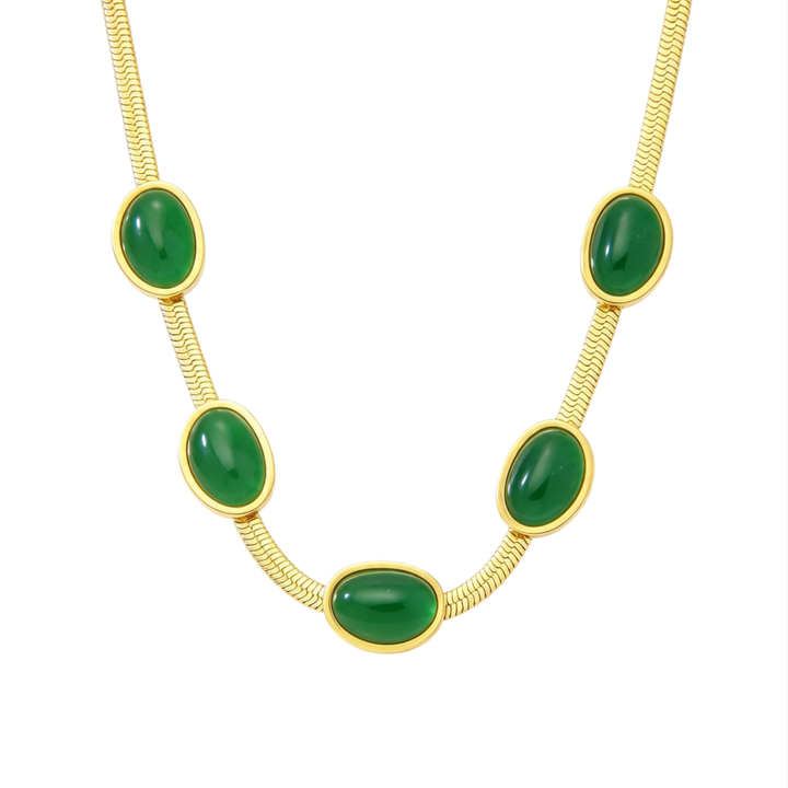 Vintage Oval Green Gemstone Snake Bone Necklace