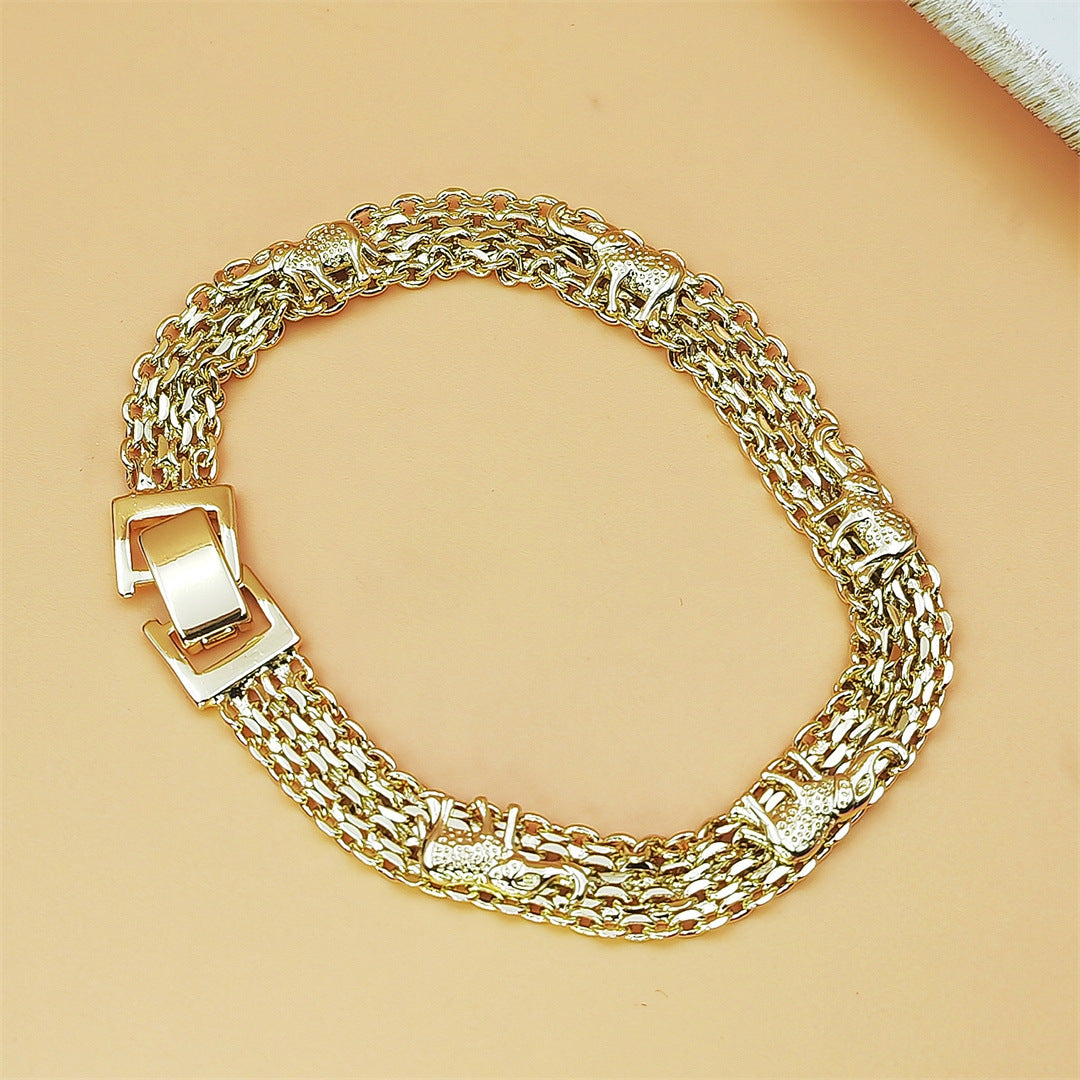 Multi-Layer Thick Chain Elephant Embossed Gold Plated Wide Bracelet, Vintage Chunky Metal Women’s Jewelry