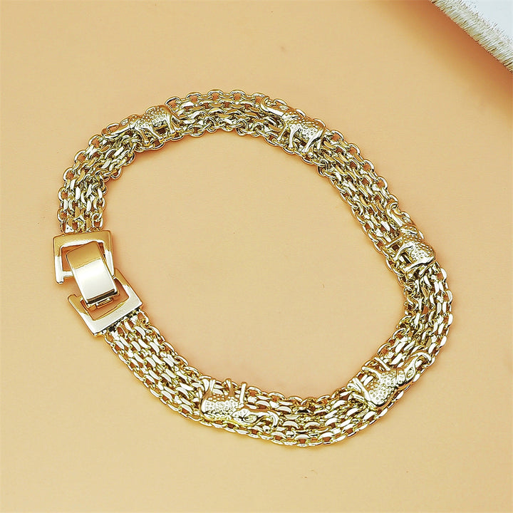 Multi-Layer Thick Chain Elephant Embossed Gold Plated Wide Bracelet, Vintage Chunky Metal Women’s Jewelry
