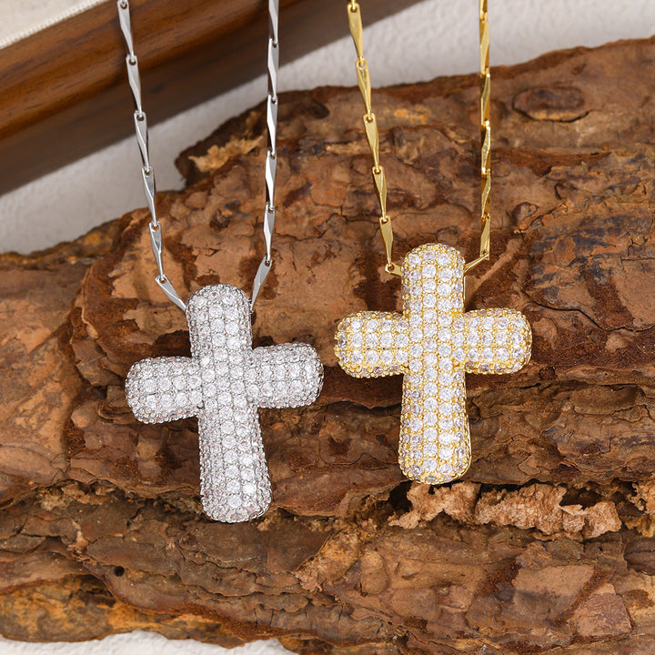 Pavé Diamond 3D Cross S925 Silver Necklace, Hip Hop Iced Out Cross Pendant Chain
