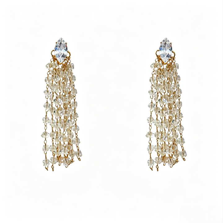 Marquise Diamond Multi-Layer Crystal Tassel Long Drop Earrings, Solid S925 Silver Gold & Silver Two-Tone Heavy Banquet Jewelry