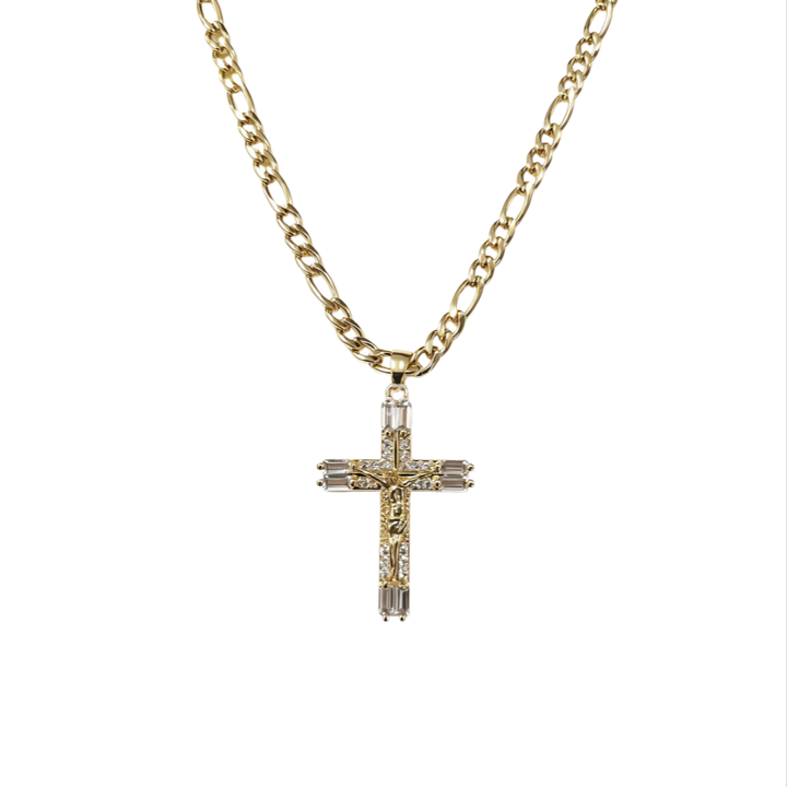 Baguette Crystal Jesus Cross Pendant Necklace, Vintage Iced Cross Necklace