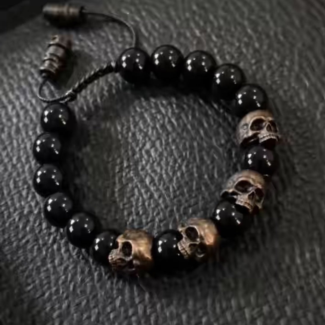 Vintage Skull Natural Stone Adjustable Braided Bracelet, Tiger Eye & Obsidian Dark Street Unisex Beaded Wrist Jewelry