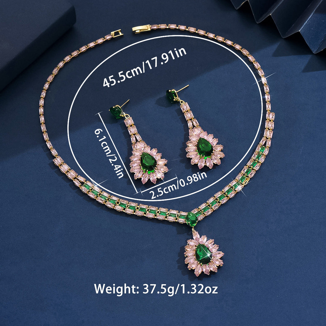 S925 Silver Pink & Green Diamond Necklace and Earring Set, Luxury V-shaped Colored Diamond Jewelry 2-Piece Set for Banquet