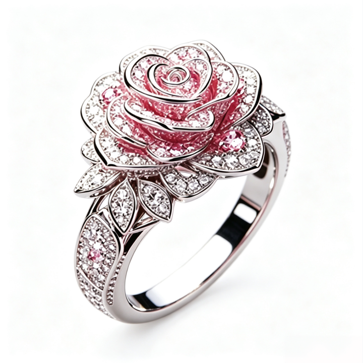 3D Pink‑Rose Pave‑Set Flower Ring