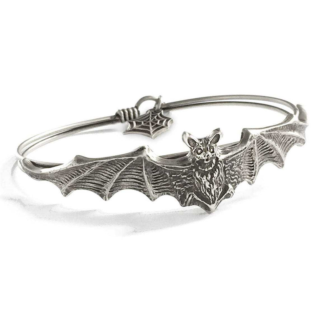 Vintage Bat Adjustable Bangle, Gothic Bracelet with Spider Web Charm, Antique Silver / Antique Bronze Two Tones