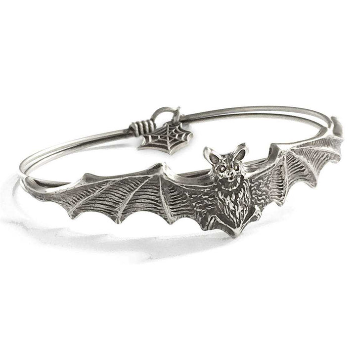 Vintage Bat Adjustable Bangle, Gothic Bracelet with Spider Web Charm, Antique Silver / Antique Bronze Two Tones
