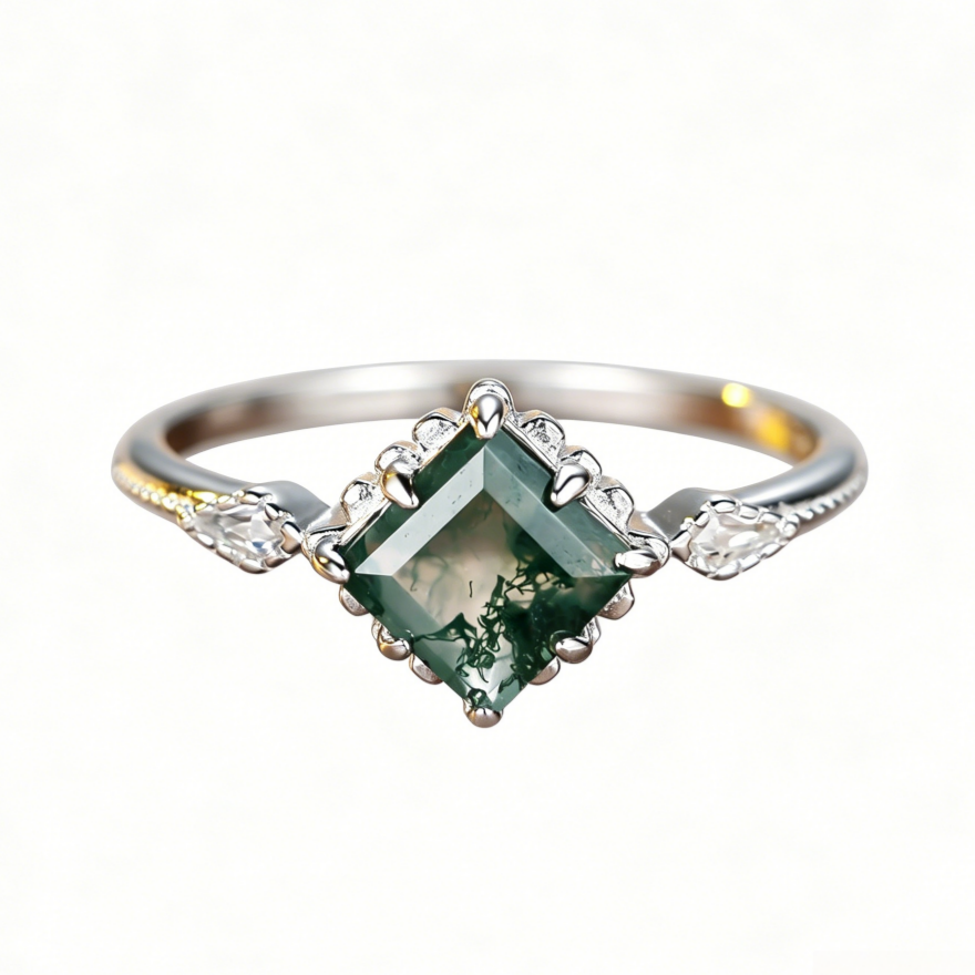 Square Moss Agate Vintage Milgrain Thin Ring, Forest Style Two-Tone Luxury Closed Dainty Daily Ring for Women