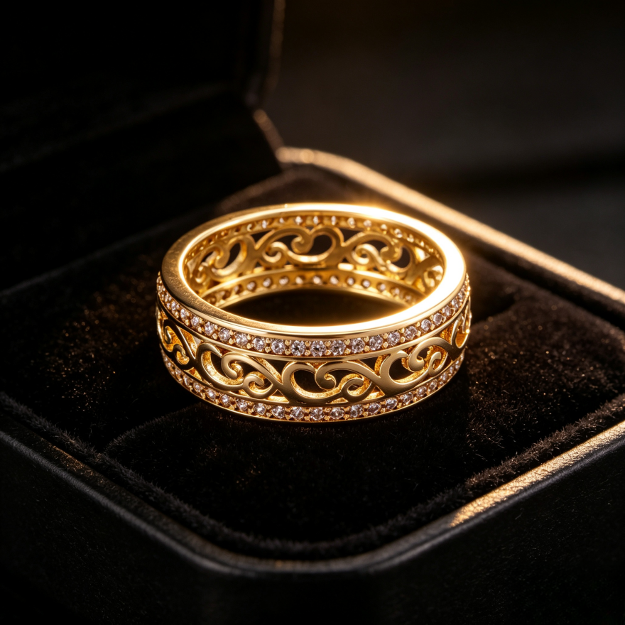 Vintage Scroll Hollow Eternity Ring, Gold Filigree Double Paved Diamond Wide Band For Women